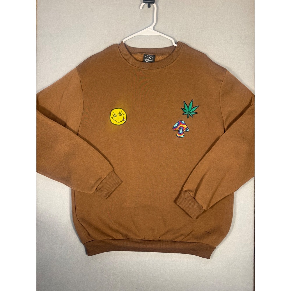 Original Deluxe Brown Weed Leaf Mushroom Smiley Graphic Sweatshirt Crewneck L